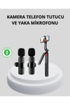 Kablosuz Çift Yaka Mikrofonu ve Tripodlu Selfie Çubuğu İçerik Üretici Seti