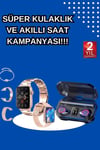 Kadınlar İçin 3 Kordonlu Akıllı Saat ve Dijital Göstergeli Powerbankli Bluetooth Kulaklık Dok