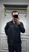 Kendinden Çizgi Desen Oversize Gömlek Siyah - Wng9003