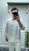 Kendinden Çizgi Desen Oversize Gömlek Beyaz - Wng9003