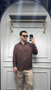 Kendinden Çizgi Desen Oversize Gömlek Kahverengi - Wng9003