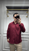 Kendinden Çizgi Desen Oversize Gömlek Bordo - Wng9003