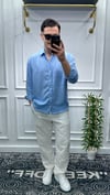 Kendinden Çizgi Desen Oversize Gömlek Bebe Mavi - Wng9003