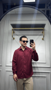 Kendinden Çizgi Desen Oversize Gömlek Bordo - Wng9003