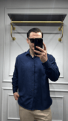 Kendinden Çizgi Desen Oversize Gömlek Lacivert - Wng9003