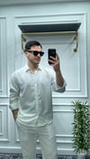 Kendinden Çizgi Desen Oversize Gömlek Beyaz - Wng9003