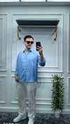 Kendinden Çizgi Desen Oversize Gömlek Bebe Mavi - Wng9003