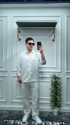 Kendinden Çizgi Desen Oversize Gömlek Beyaz - Wng9003