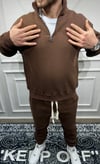 Şardonlu Yarım Fermuarlı Paça Lastikli Eşofman Takım - Kahverengi