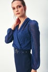 Desenli Kruvaze Bodysuit Bluz - LACİVERT