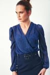 Desenli Kruvaze Bodysuit Bluz - LACİVERT