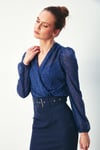 Desenli Kruvaze Bodysuit Bluz - LACİVERT