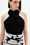Halter Yaka Keten Crop Bluz - Siyah