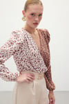 Kruvaze Desenli Bodysuit - Kahve-Bej