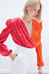 Kruvaze Desenli Bodysuit - Oranj-Fuşya