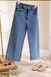 Kız çocuk denim yan kısım taşlı pantolon