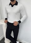 Apaç Yaka Fitilli Triko Kazak Beyaz