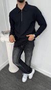 Fitilli Yarım Fermuarlı Sweatshirt Siyah