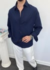 Oversize Krinkıl Keten Gömlek Lacivert