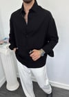 Oversize Krinkıl Keten Gömlek Siyah