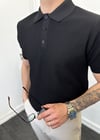 Polo Yaka Düğmeli Desenli Triko Tişört Siyah