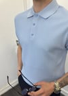 Polo Yaka Düğmeli Desenli Triko Tişört B.mavi