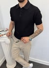 Polo Yaka Düğmeli Desenli Triko Tişört Siyah