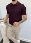 Polo Yaka Düğmeli Desenli Triko Tişört Bordo