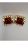Bordo Taşlı Gold Kare Vintage Esintili Küpe