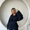 Kuşaklı Oversize Kalıp Çıtçıtlı Ceket-Flare Pantolon Denim Premıum Takım