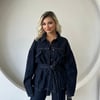 Kuşaklı Oversize Kalıp Çıtçıtlı Ceket-Flare Pantolon Denim Premıum Takım
