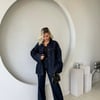 Kuşaklı Oversize Kalıp Çıtçıtlı Ceket-Flare Pantolon Denim Premıum Takım