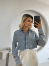 Retro Düğme Detay Geniş Manşetli Yumuşak Dokulu Denim Gömlek
