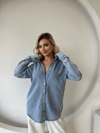 Retro Düğme Detay Geniş Manşetli Yumuşak Dokulu Denim Gömlek