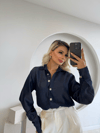 Retro Düğme Detay Geniş Manşetli Yumuşak Dokulu Denim Gömlek