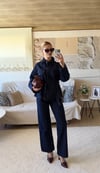 Tasarım Kuşaklı Ceket Flare Pantolon Denim İkili Takım