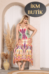 İKM BUTİK Viskon Askılı Retro Etnik Desen Krem  Elbise