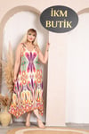 İKM BUTİK Viskon Askılı Retro Etnik Desen Krem  Elbise
