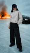 PANDA FABRIC CROPPED BOXY FİT BOMBER GRİ MELANJ
