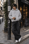 YIKAMALI DKPW GÖĞÜS NAKIŞ BASKILI KAPŞONLU SWEATSHIRT GRİ