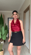 Kırmızı Saten Degaje Bluz
