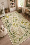 Flower Yaprak Desenli Kaymaz Taban Makinede Yıkanabilir Dijital Baskılı Şönil Halı Kilim Yolluk