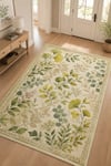 Flower Yaprak Desenli Kaymaz Taban Makinede Yıkanabilir Dijital Baskılı Şönil Halı Kilim Yolluk