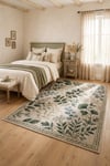Flower Yaprak Desenli Kaymaz Taban Makinede Yıkanabilir Dijital Baskılı Şönil Halı Kilim Yolluk