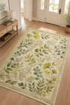 Flower Yaprak Desenli Kaymaz Taban Makinede Yıkanabilir Dijital Baskılı Şönil Halı Kilim Yolluk