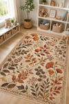Flower Yaprak Desenli Kaymaz Taban Makinede Yıkanabilir Dijital Baskılı Şönil Halı Kilim Yolluk