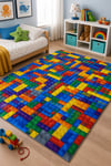 Kaymaz Taban Makinede Yıkanabilir Lego Desenli Çocuk Odası Halısı