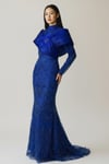 Saks Mavisi Taş İşlemeli Yüksek Yaka Balık Model Abiye Elbise
