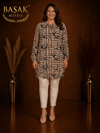 Dokuma Tunik - Vizon | Siyah Geometrik Desenli