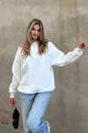 Basic Bisiklet Yaka Oversize Sweatshirt - Beyaz